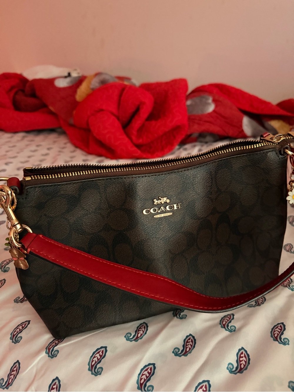 Coach Signature Canvas shoulder bag in Brown with Red Strap